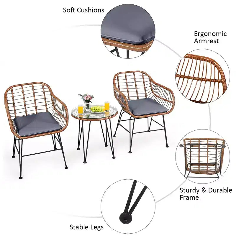 Costway 3PCS Patio Rattan Bistro Set Coffee Table Armchair Garden