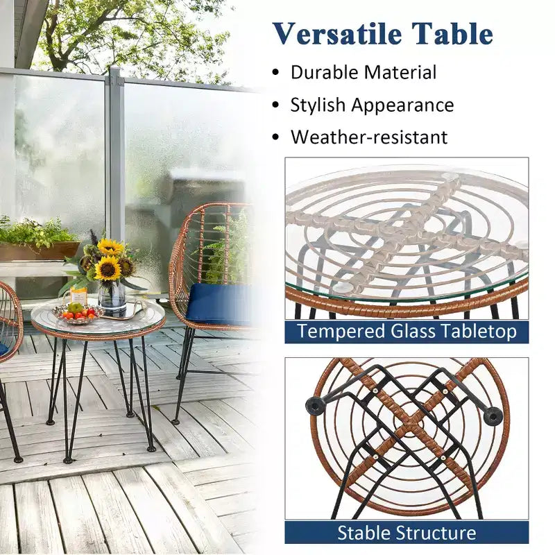 Costway 3PCS Patio Rattan Bistro Set Coffee Table Armchair Garden