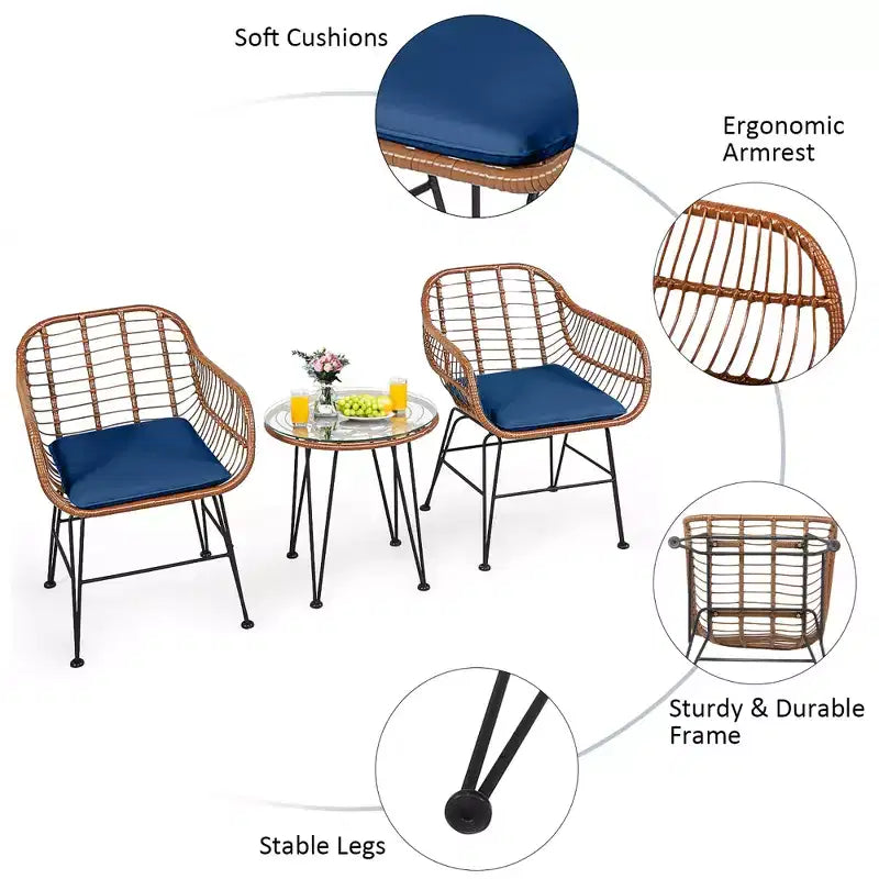 Costway 3PCS Patio Rattan Bistro Set Coffee Table Armchair Garden