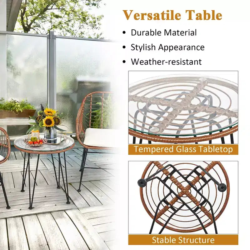 Costway 3PCS Patio Rattan Bistro Set Coffee Table Armchair Garden
