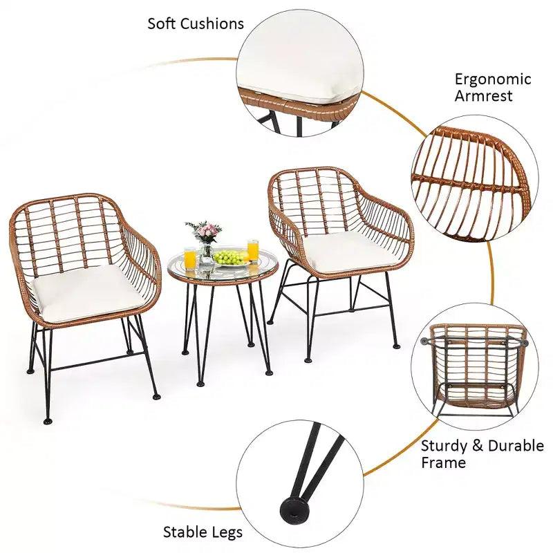 Costway 3PCS Patio Rattan Bistro Set Coffee Table Armchair Garden