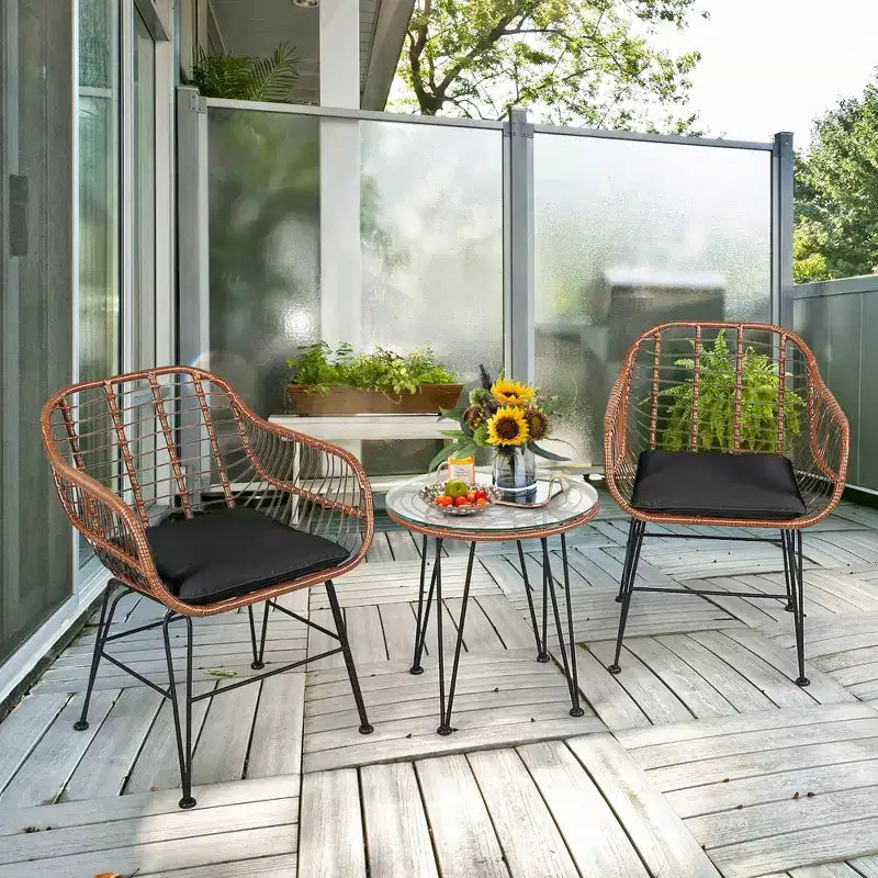 Costway 3PCS Patio Rattan Bistro Set Coffee Table Armchair Garden