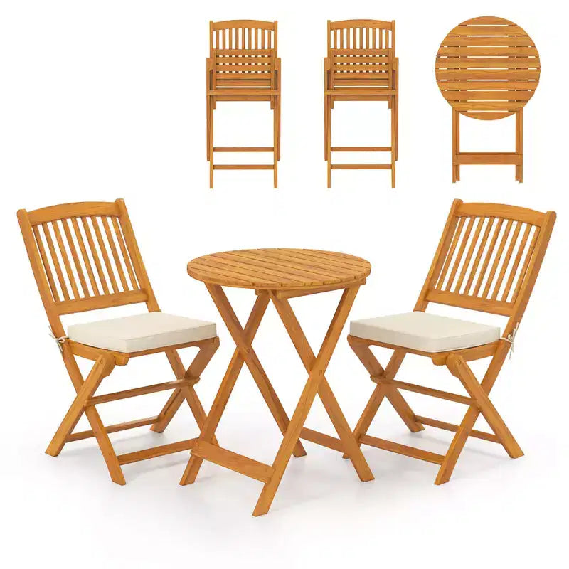 Costway 3PCS Patio Folding Wooden Bistro Set Cushioned Chair Conversation Cushion