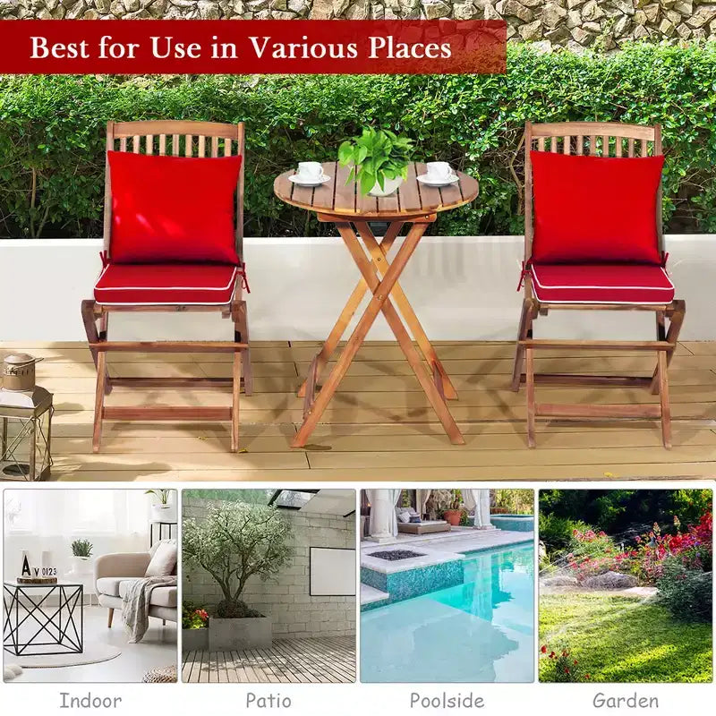 Costway 3PCS Patio Folding Wooden Bistro Set Cushioned Chair Conversation Cushion