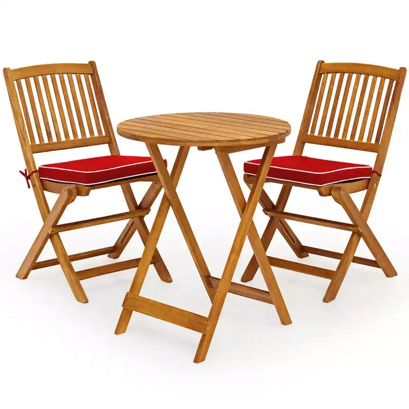 Costway 3PCS Patio Folding Wooden Bistro Set Cushioned Chair Conversation Cushion