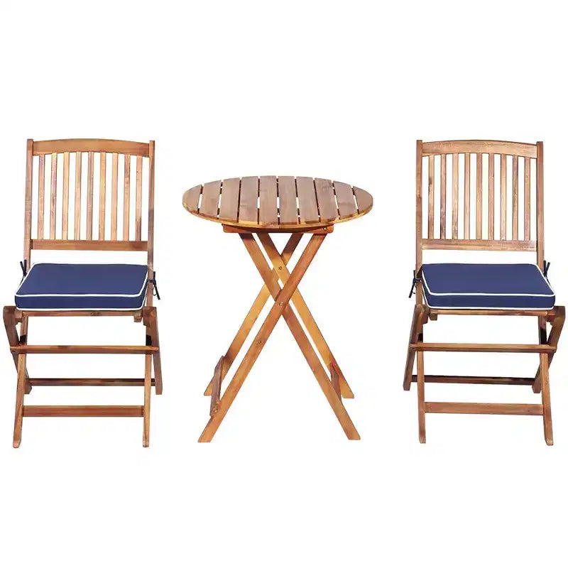 Costway 3PCS Patio Folding Wooden Bistro Set Cushioned Chair Conversation Cushion