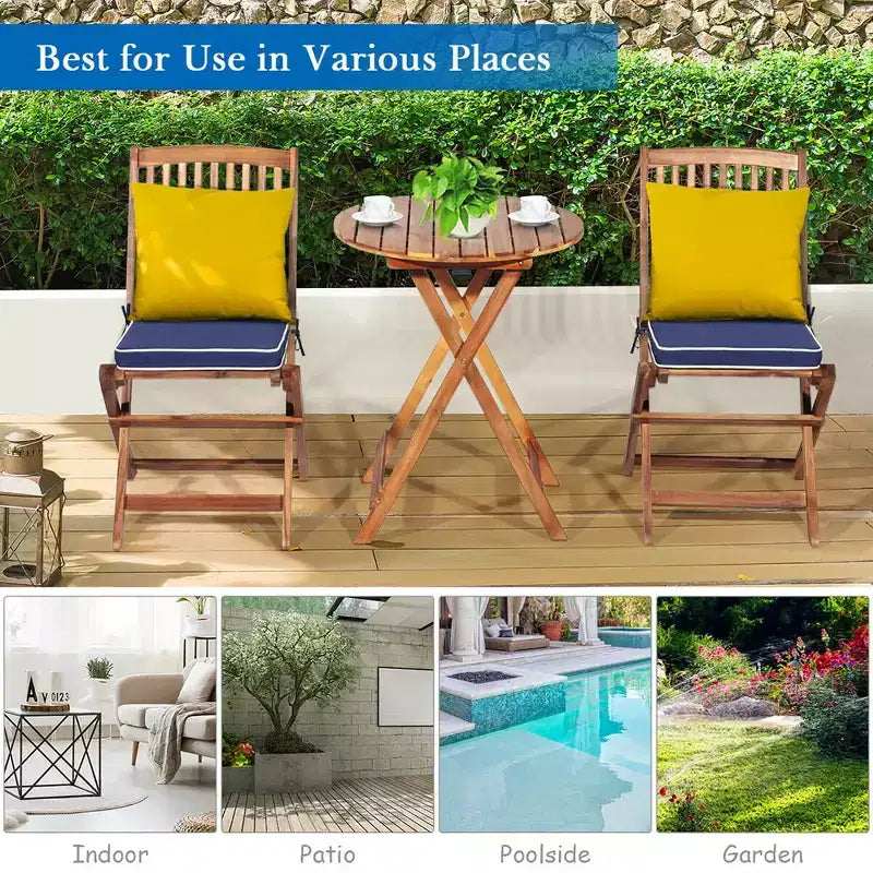 Costway 3PCS Patio Folding Wooden Bistro Set Cushioned Chair Conversation Cushion