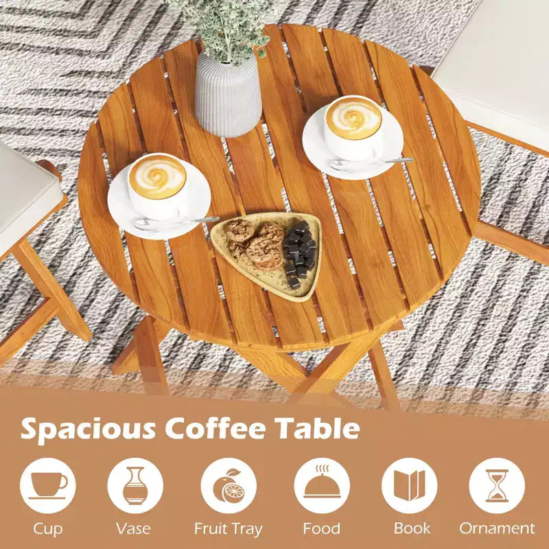 Costway 3PCS Patio Folding Wooden Bistro Set Cushioned Chair Conversation Cushion