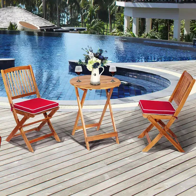 Costway 3PCS Patio Folding Wooden Bistro Set Cushioned Chair Conversation Cushion