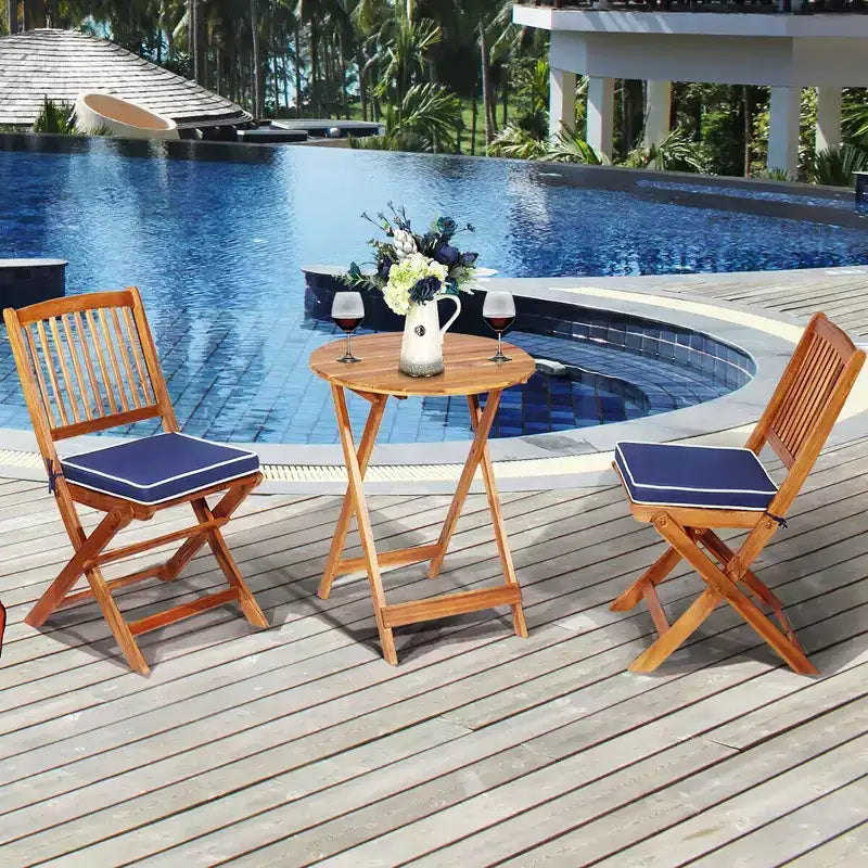 Costway 3PCS Patio Folding Wooden Bistro Set Cushioned Chair Conversation Cushion
