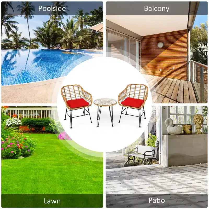 Costway 3PCS Patio Rattan Bistro Furniture Set Cushioned Chair Table