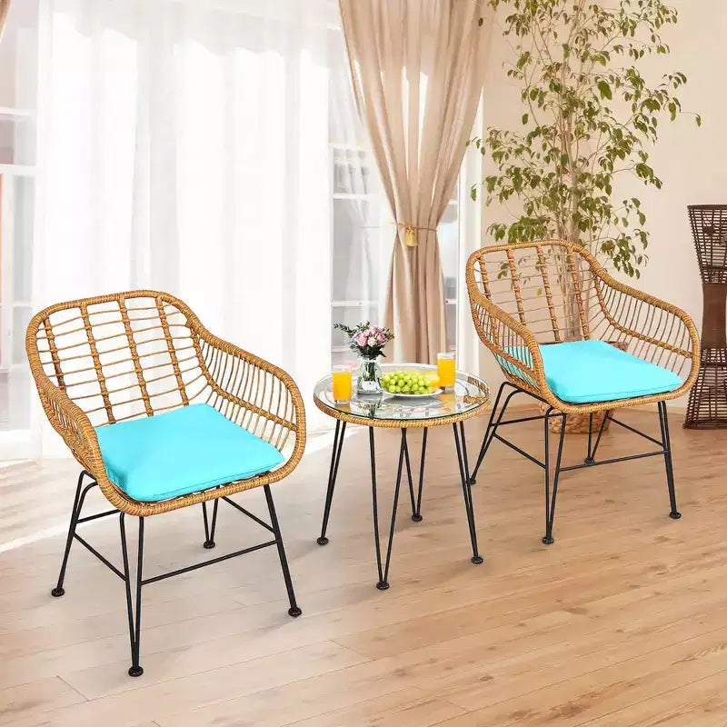 Costway 3PCS Patio Rattan Bistro Furniture Set Cushioned Chair Table