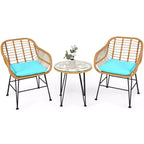 Costway 3PCS Patio Rattan Bistro Furniture Set Cushioned Chair Table