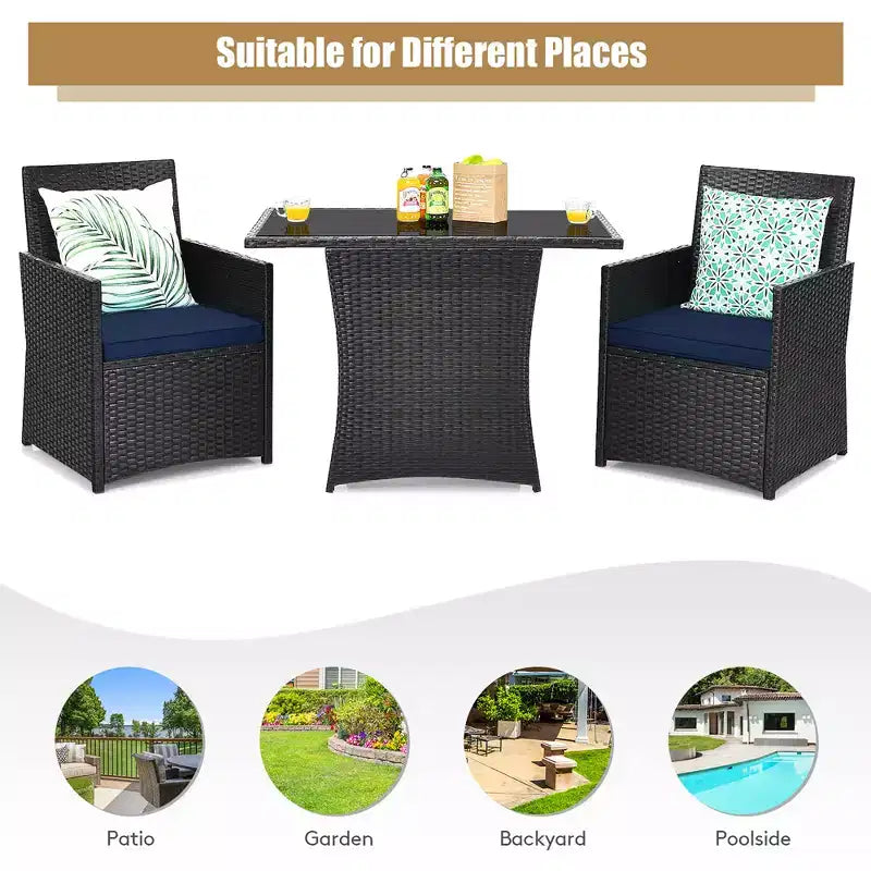 Costway 3PCS Patio Rattan Furniture Set Cushion Sofa Armrest Garden Deck