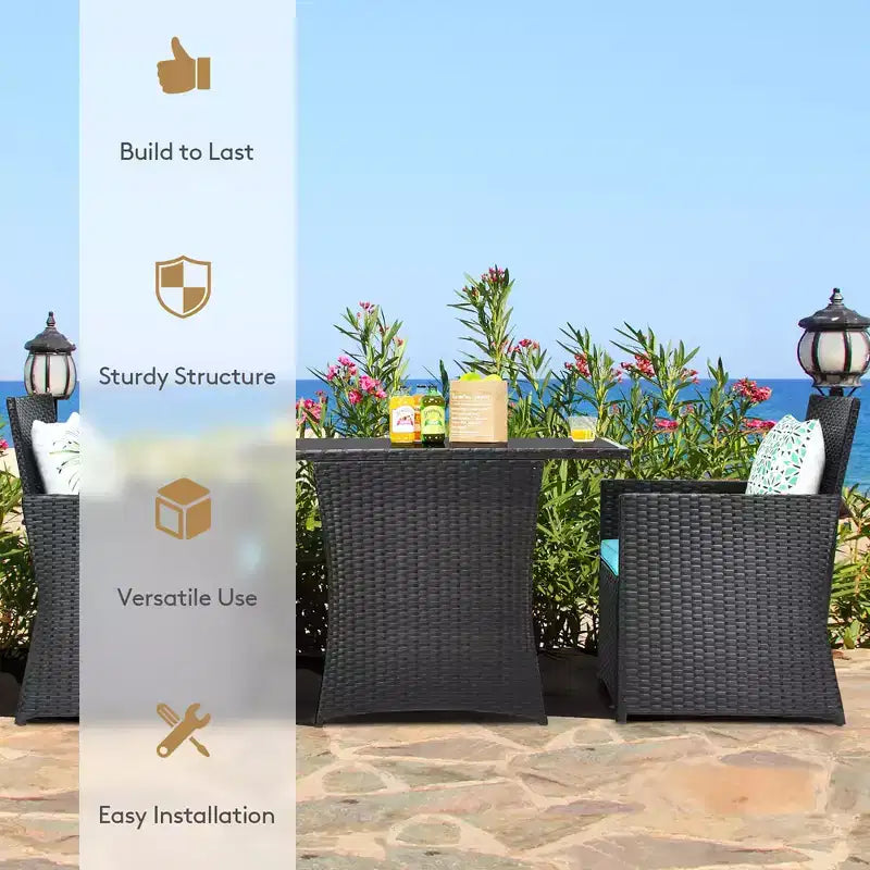 Costway 3PCS Patio Rattan Furniture Set Cushion Sofa Armrest Garden Deck