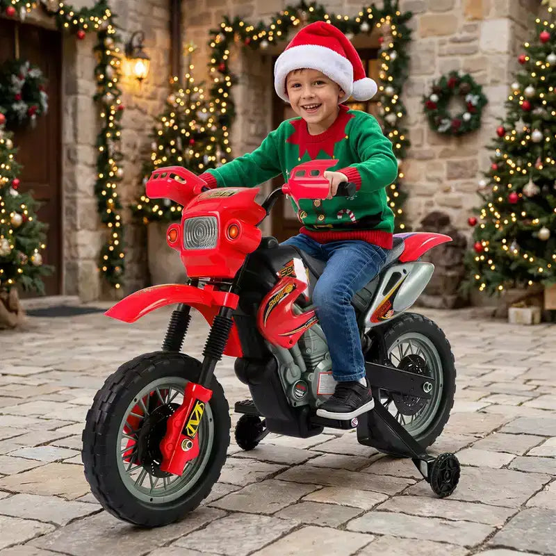 Aosom 6V Kids Motorcycle Dirt Bike, Electric Ride on Toy, Off-road Street Bike with Training Wheels Music Lights, for 5-8 Years, Red