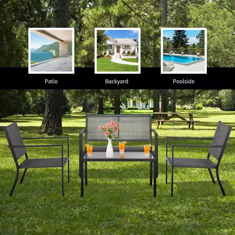 Costway 4 PCS Patio Furniture Set Sofa Coffee Table Steel Frame Garden