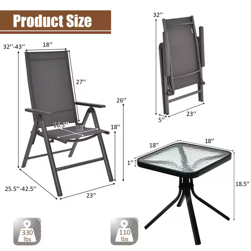 Costway 3PCS Bistro Set Folding Adjustable Chairs Square Glass Table Garden