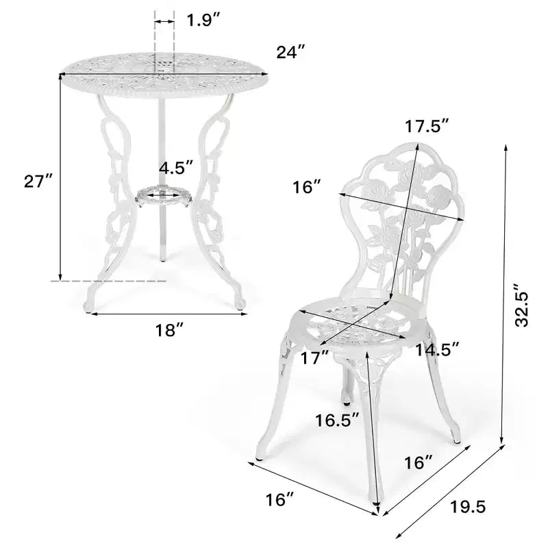Costway 3PCS Cast Aluminum Patio Bistro Furniture Set Rose Design Outdoor White