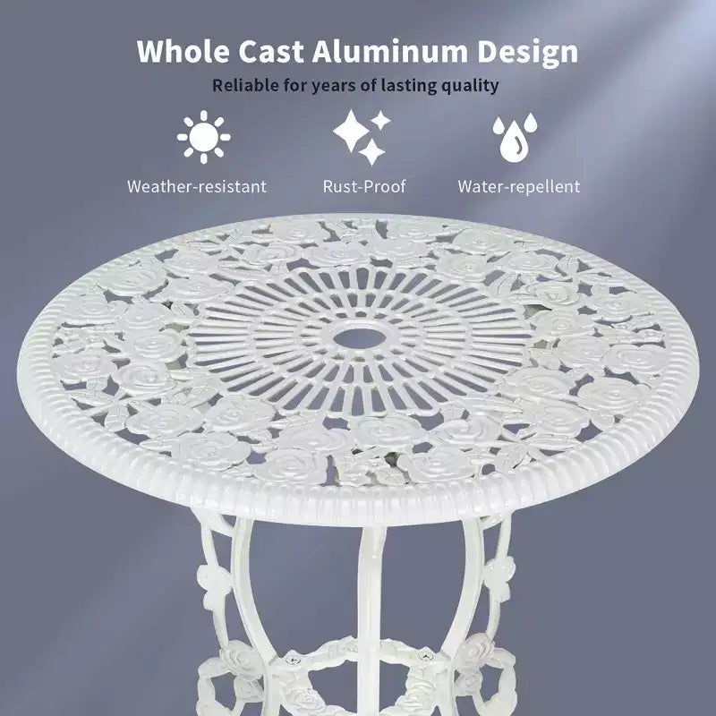 Costway 3PCS Cast Aluminum Patio Bistro Furniture Set Rose Design Outdoor White