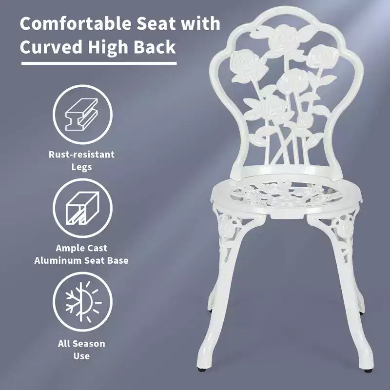 Costway 3PCS Cast Aluminum Patio Bistro Furniture Set Rose Design Outdoor White