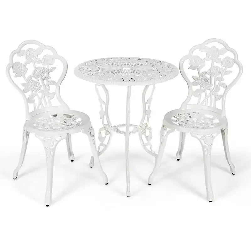 Costway 3PCS Cast Aluminum Patio Bistro Furniture Set Rose Design Outdoor White