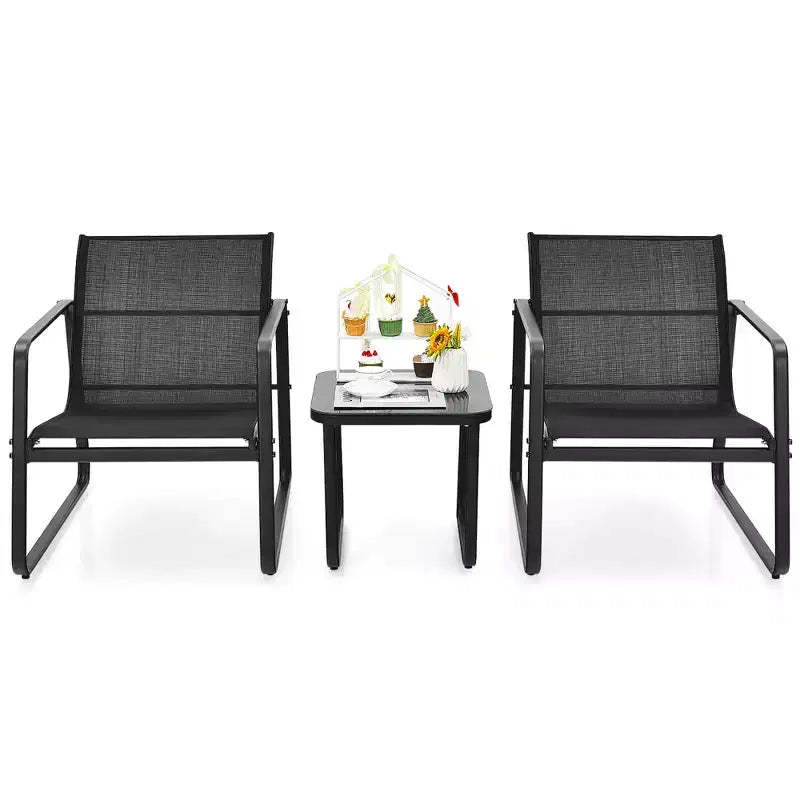 Costway 3PCS Patio Bistro Furniture Set Glass Top Table Garden Deck Black