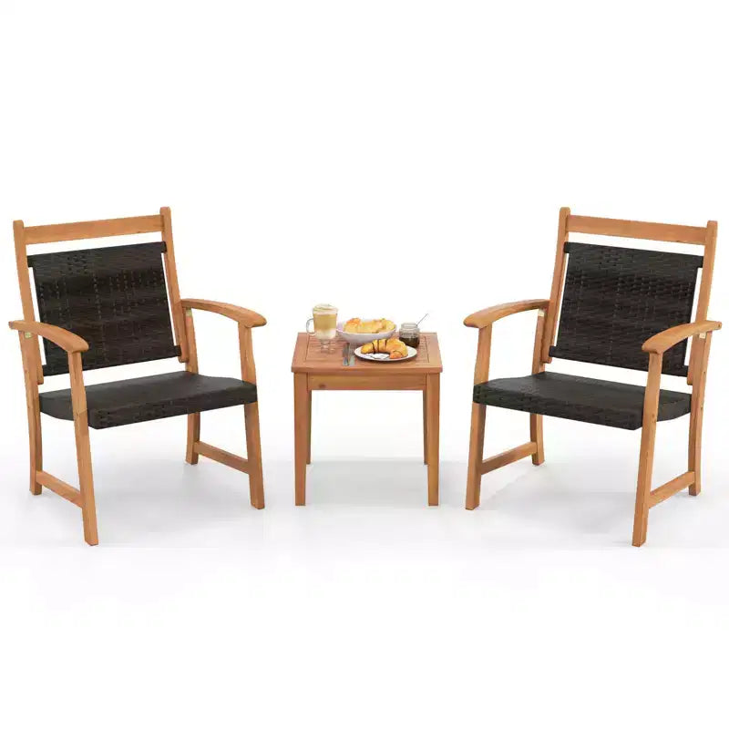 Costway 3PCS Patio Rattan Bistro Set Acacia Wood Frame Armrest Chairs Garden