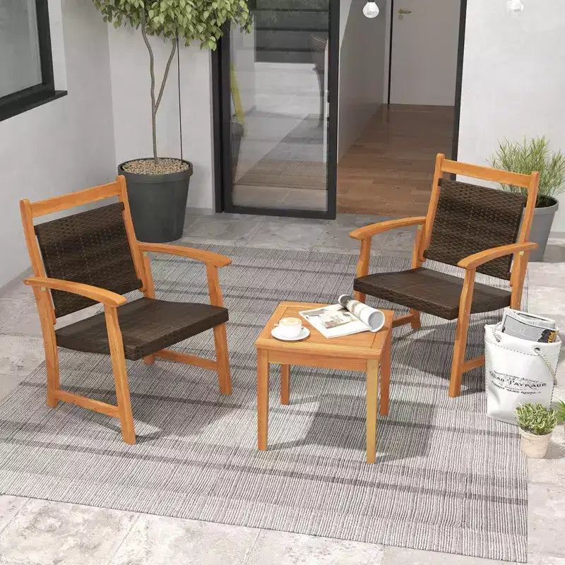 Costway 3PCS Patio Rattan Bistro Set Acacia Wood Frame Armrest Chairs Garden