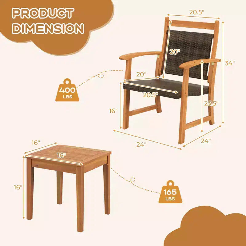 Costway 3PCS Patio Rattan Bistro Set Acacia Wood Frame Armrest Chairs Garden