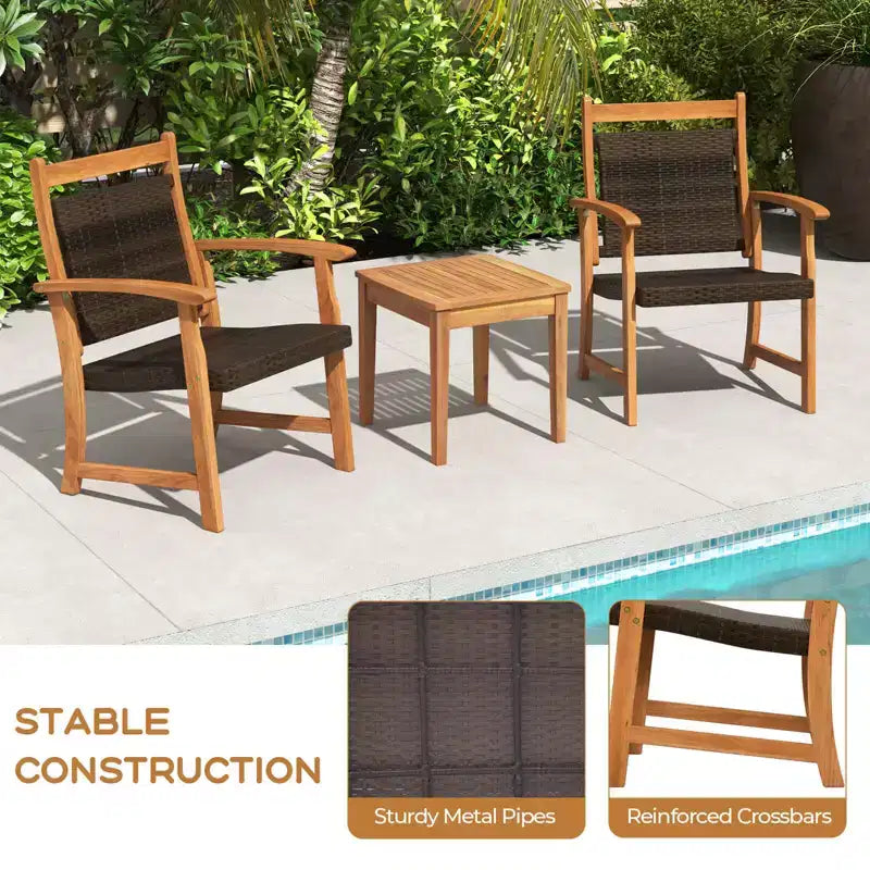 Costway 3PCS Patio Rattan Bistro Set Acacia Wood Frame Armrest Chairs Garden