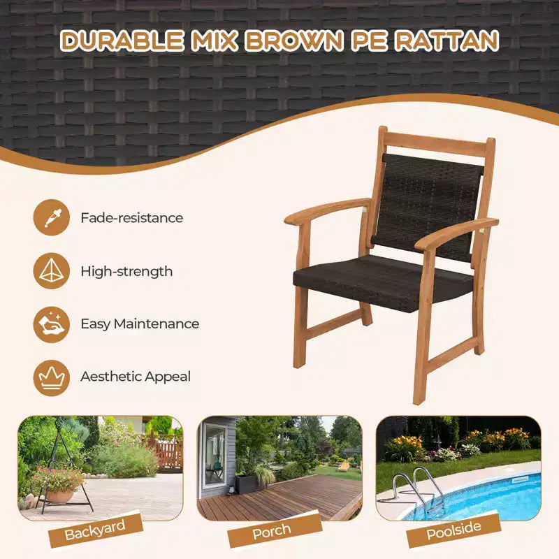 Costway 3PCS Patio Rattan Bistro Set Acacia Wood Frame Armrest Chairs Garden