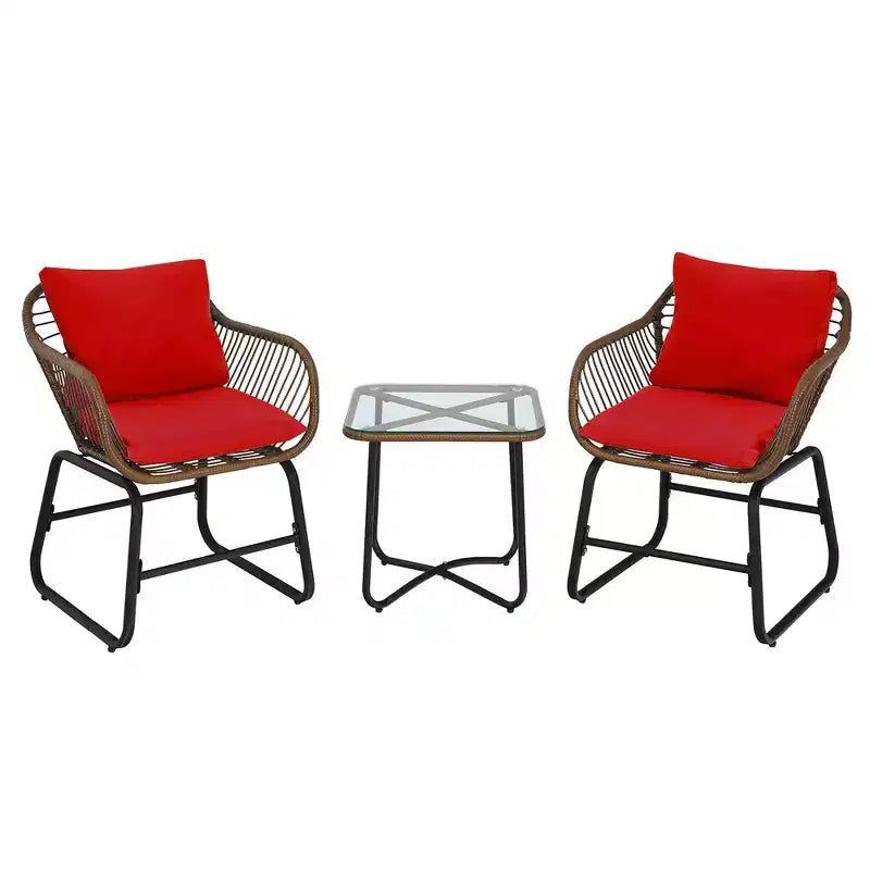 Costway 3PCS Patio Rattan Bistro Set Cushioned Chair Glass Table Deck White\Turquoise
