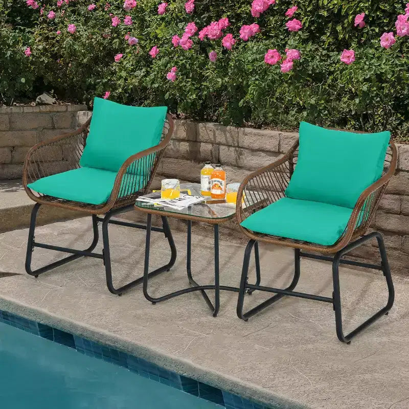 Costway 3PCS Patio Rattan Bistro Set Cushioned Chair Glass Table Deck White\Turquoise