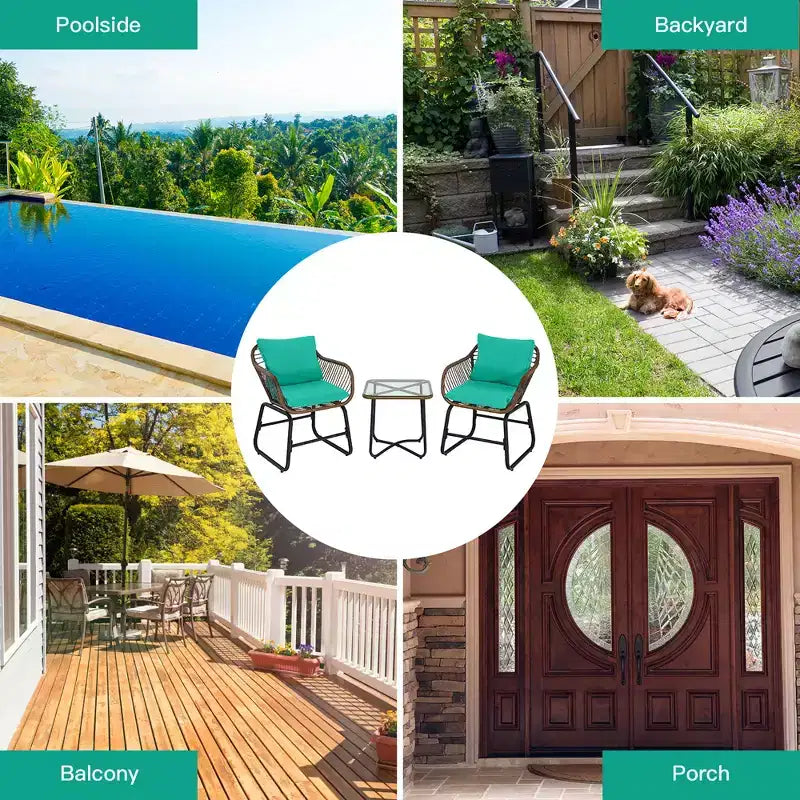 Costway 3PCS Patio Rattan Bistro Set Cushioned Chair Glass Table Deck White\Turquoise