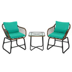 Costway 3PCS Patio Rattan Bistro Set Cushioned Chair Glass Table Deck White\Turquoise