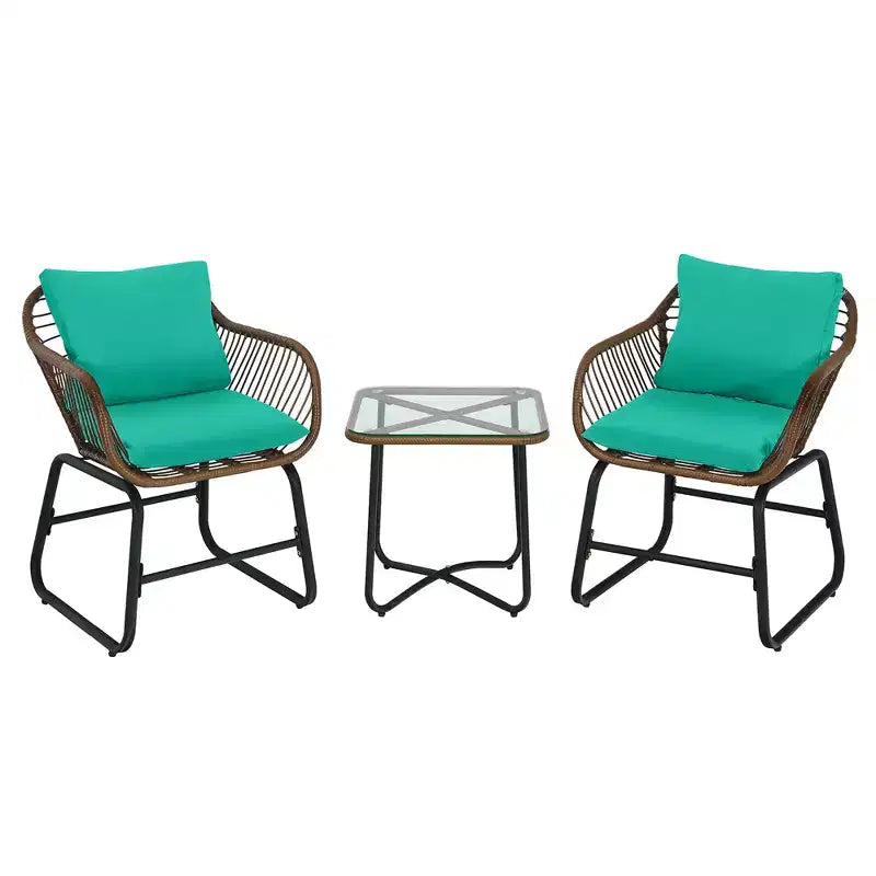 Costway 3PCS Patio Rattan Bistro Set Cushioned Chair Glass Table Deck White\Turquoise