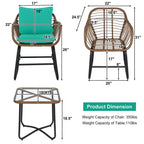 Costway 3PCS Patio Rattan Bistro Set Cushioned Chair Glass Table Deck White\Turquoise