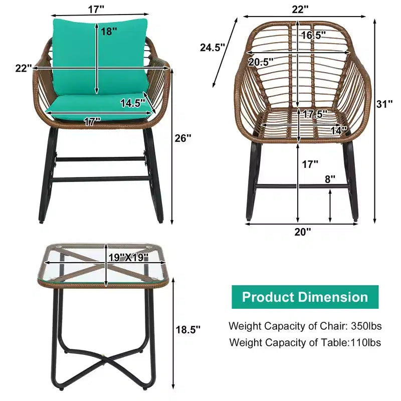 Costway 3PCS Patio Rattan Bistro Set Cushioned Chair Glass Table Deck White\Turquoise