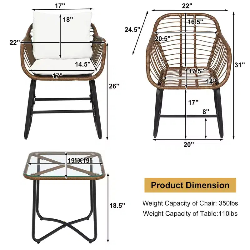 Costway 3PCS Patio Rattan Bistro Set Cushioned Chair Glass Table Deck White\Turquoise