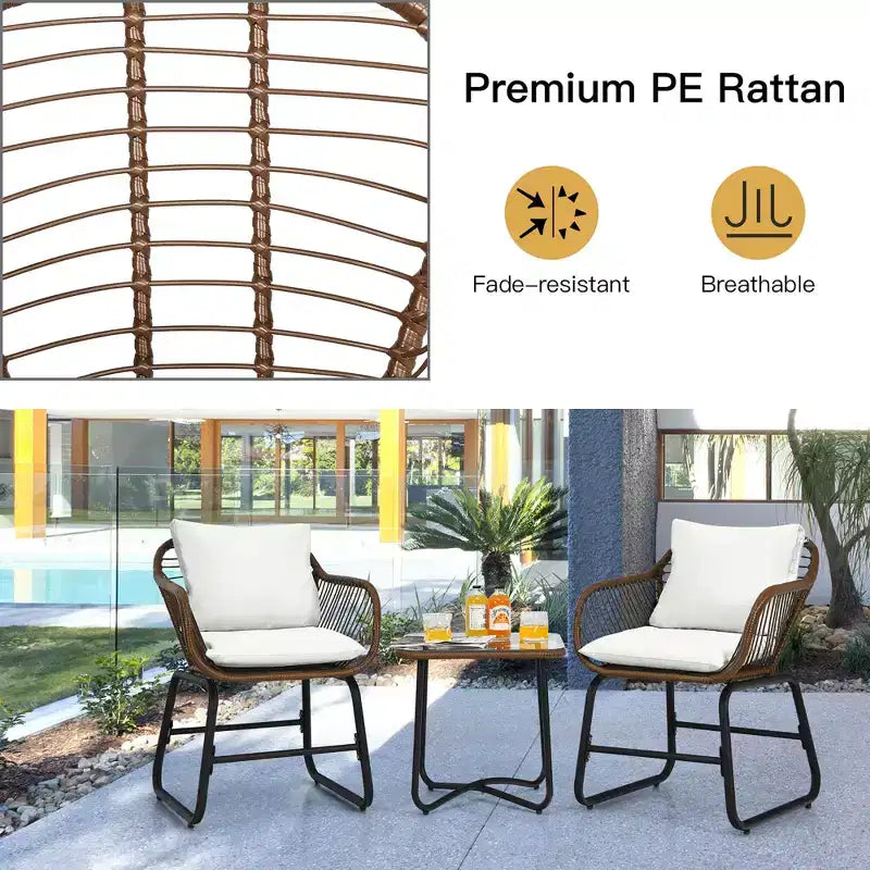 Costway 3PCS Patio Rattan Bistro Set Cushioned Chair Glass Table Deck White\Turquoise