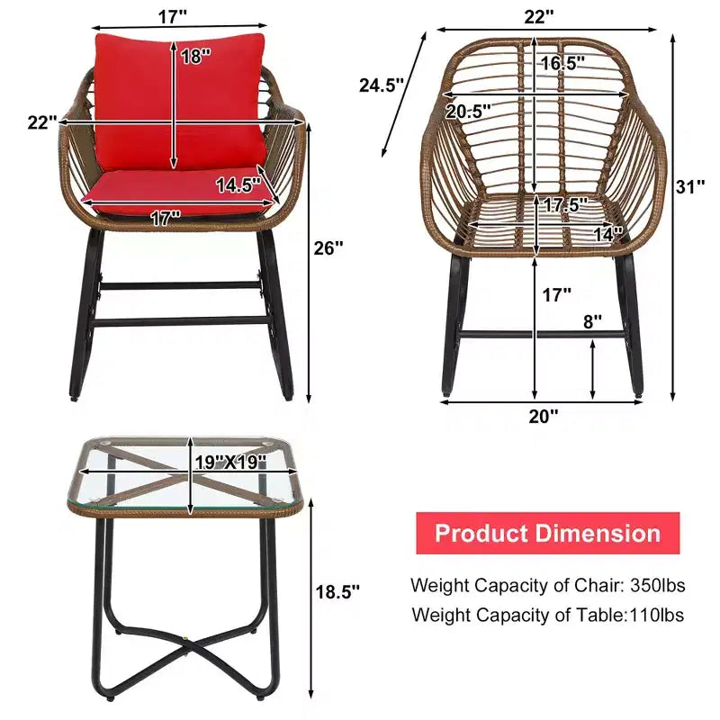 Costway 3PCS Patio Rattan Bistro Set Cushioned Chair Glass Table Deck White\Turquoise