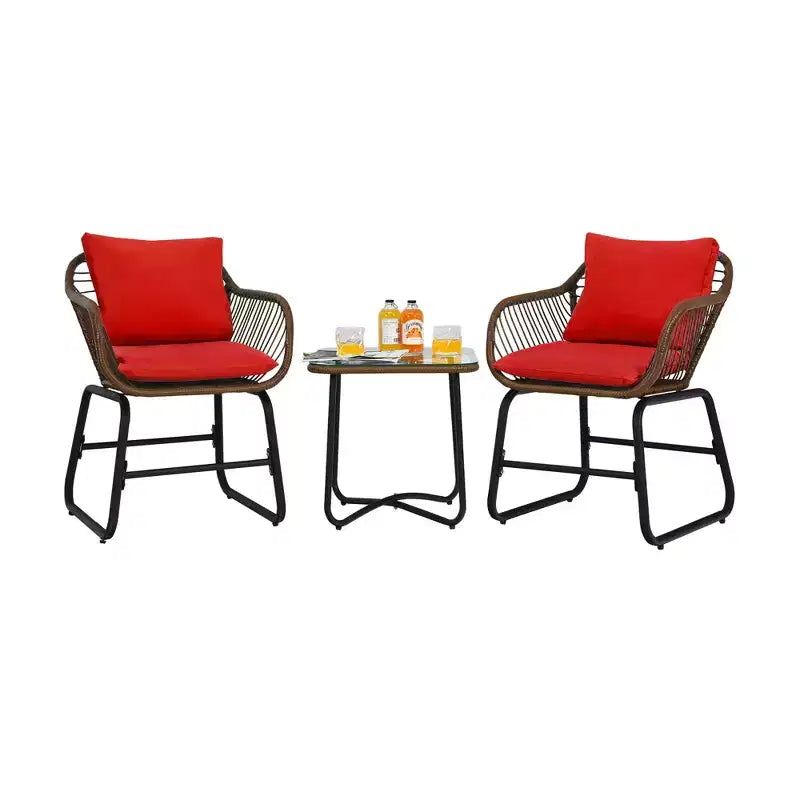 Costway 3PCS Patio Rattan Bistro Set Cushioned Chair Glass Table Deck White\Turquoise