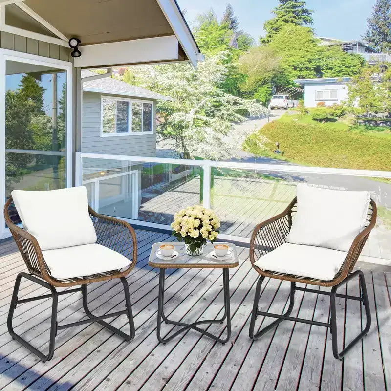 Costway 3PCS Patio Rattan Bistro Set Cushioned Chair Glass Table Deck White\Turquoise