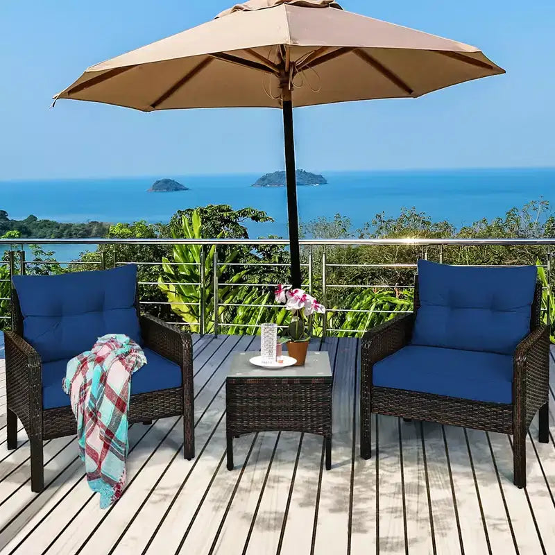 Costway 3PCS Outdoor Rattan Conversation Set Patio Garden Cushioned Sofa Chair