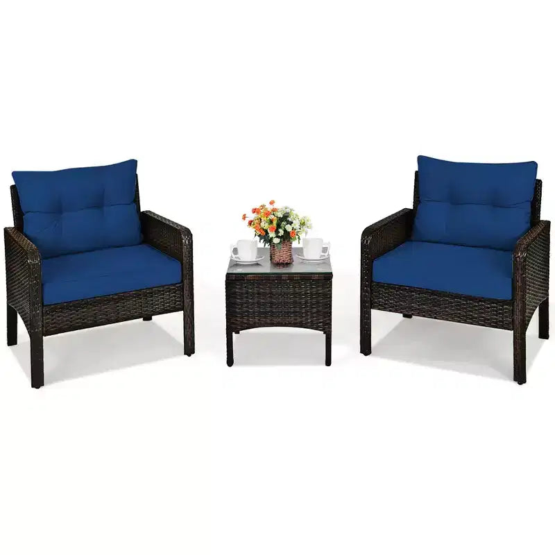Costway 3PCS Outdoor Rattan Conversation Set Patio Garden Cushioned Sofa Chair