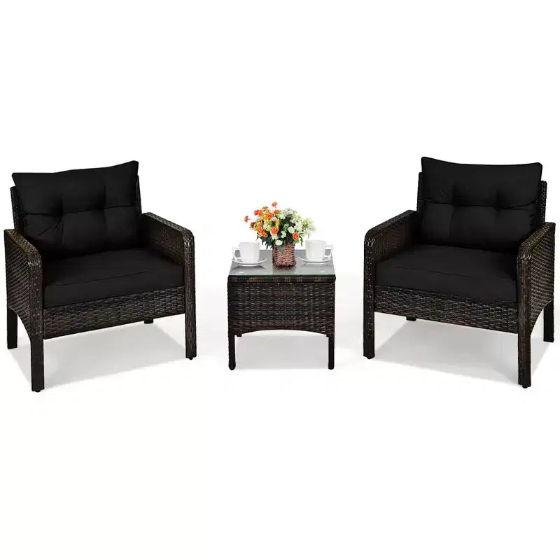 Costway 3PCS Outdoor Rattan Conversation Set Patio Garden Cushioned Sofa Chair