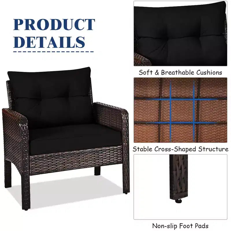 Costway 3PCS Outdoor Rattan Conversation Set Patio Garden Cushioned Sofa Chair