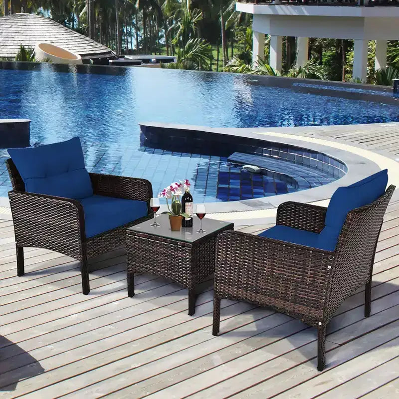 Costway 3PCS Outdoor Rattan Conversation Set Patio Garden Cushioned Sofa Chair