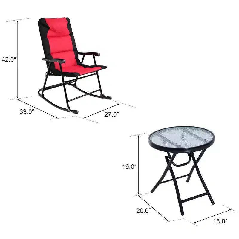 Costway 3 PCS Outdoor Folding Rocking Chair Table Set Bistro Sets Patio Furniture Red